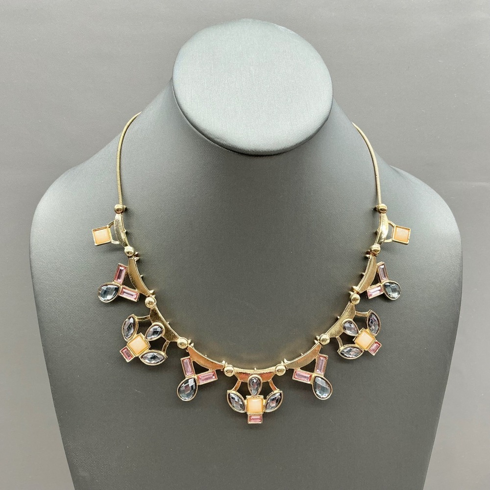 Charming Charlie Necklace Women Gold Multi Color Geometric Faux Gemstone Bib